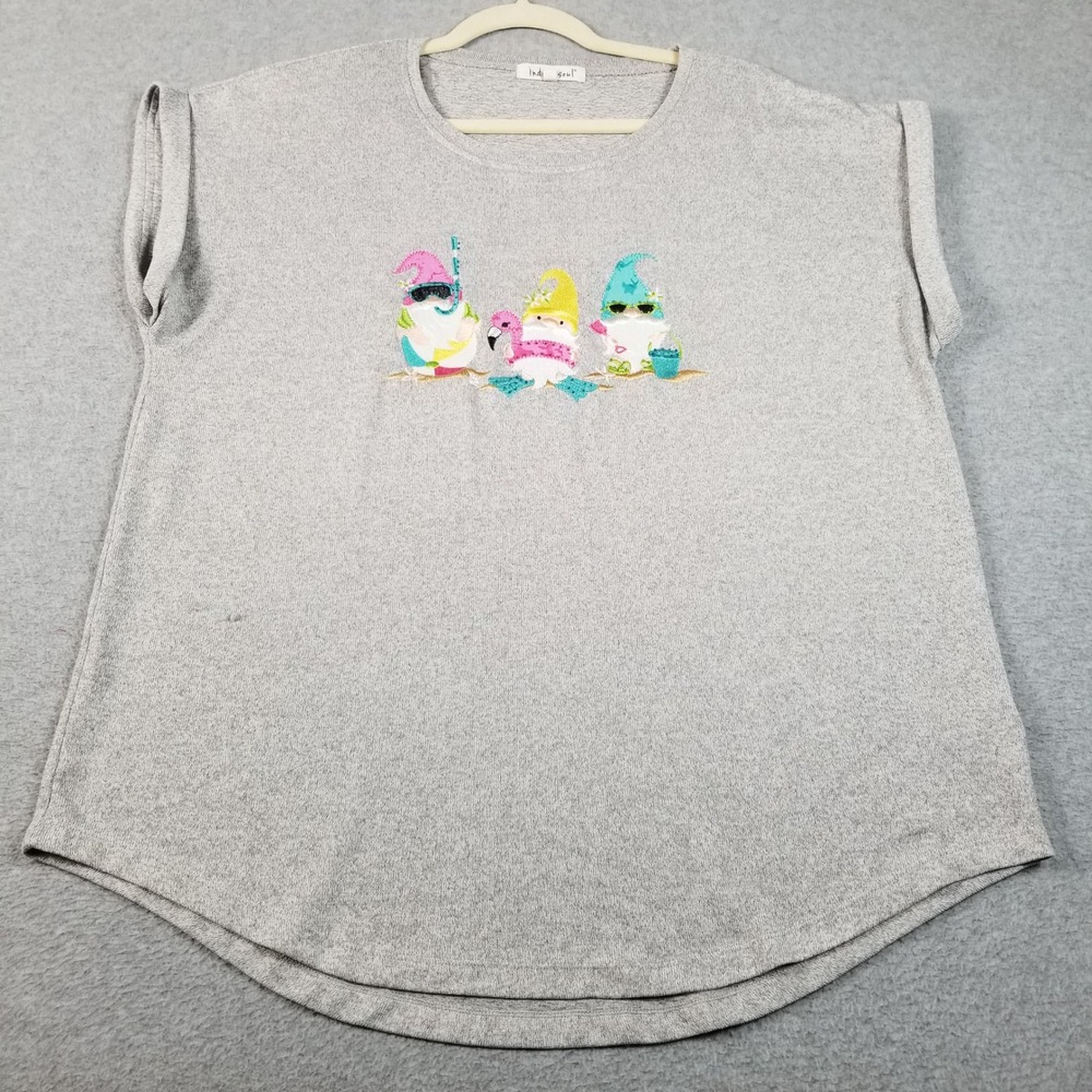Indigo Soul Top Womens Large L Gray Beach Gnomes Graphic Tee Rolled Sleeve Knit